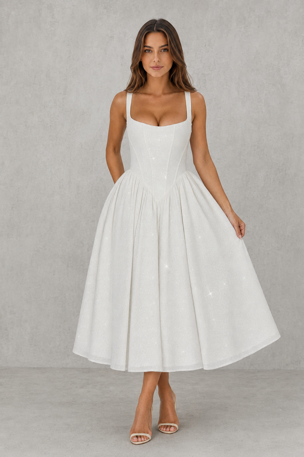 Women's sparkle midi dress with a structured corset bodice, wide square neckline, adjustable straps, and a full gathered midi skirt with subtle shimmer, ideal for weddings and special occasions.