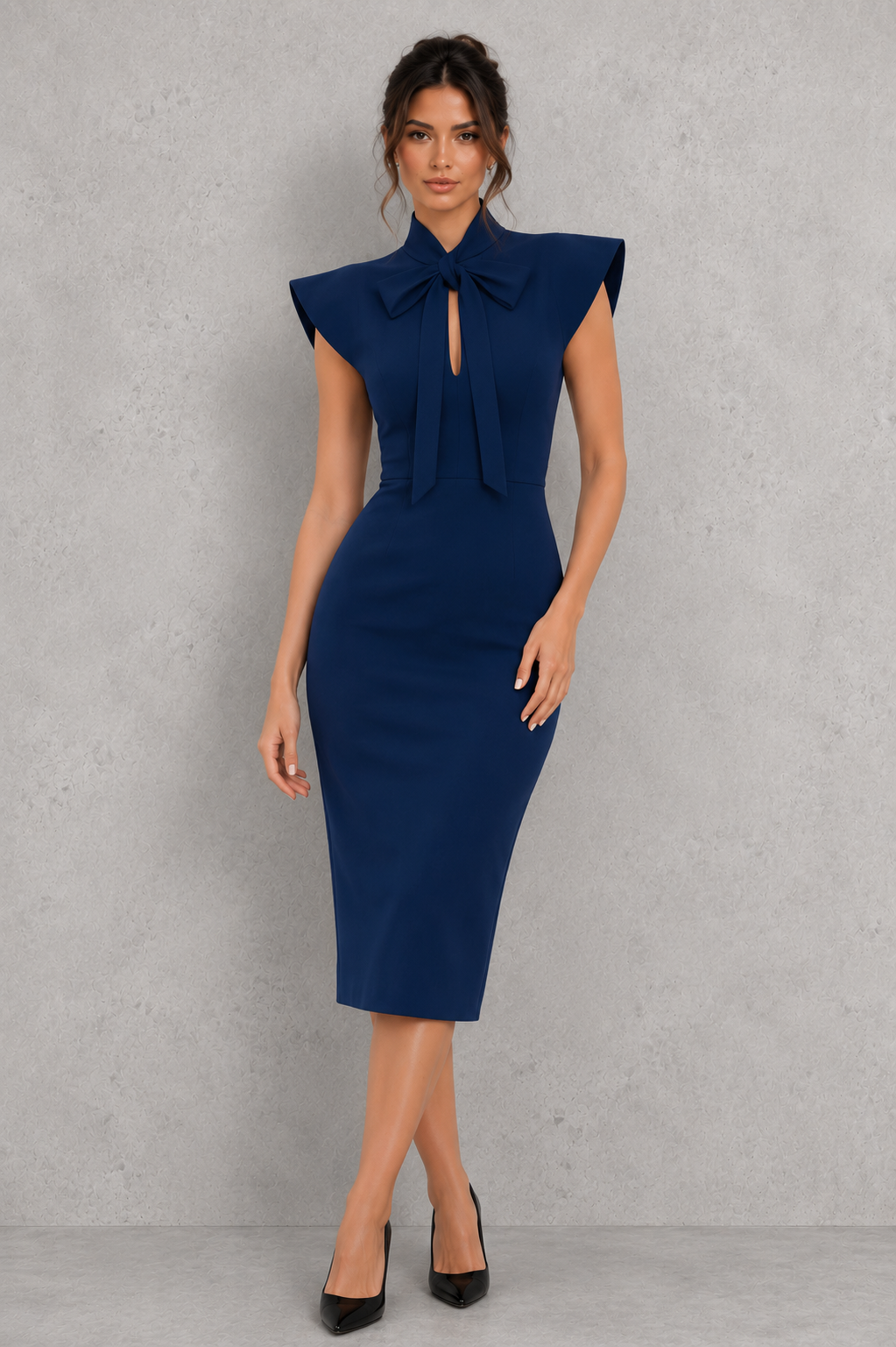Womenโs midi dress with a stand collar, elegant bow tie neckline, flutter sleeves and flattering slim-fit silhouette.