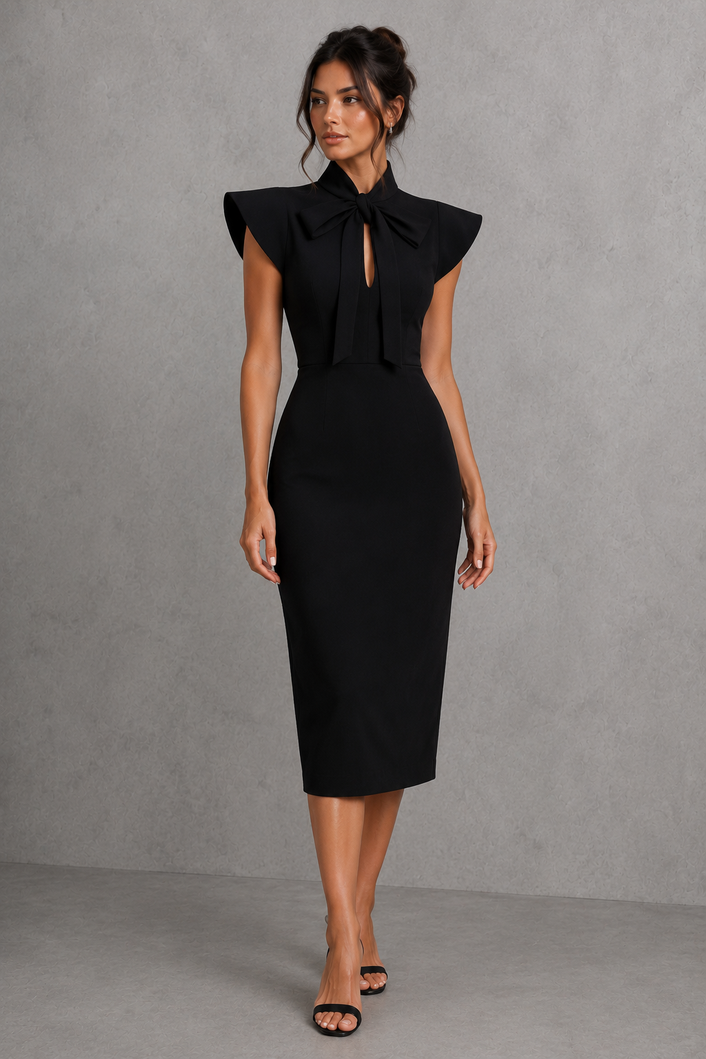 Womenโs midi dress with a stand collar, elegant bow tie neckline, flutter sleeves and flattering slim-fit silhouette.