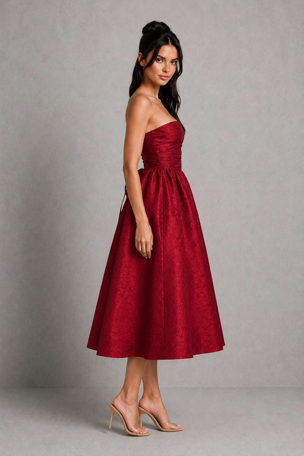 Women's strapless floral jacquard midi dress with a structured boned corset bodice, pleated detailing, lace-up back, and a voluminous tulle-lined skirt, ideal for weddings, garden parties, and special occasions.