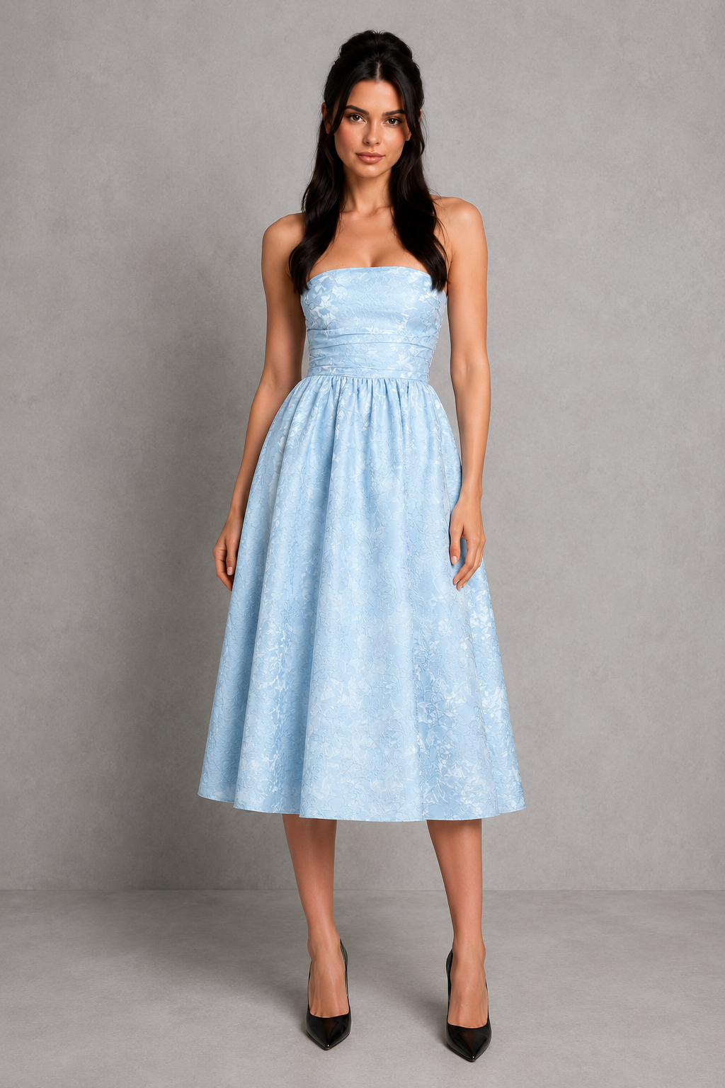 Women's strapless floral jacquard midi dress with a structured boned corset bodice, pleated detailing, lace-up back, and a voluminous tulle-lined skirt, ideal for weddings, garden parties, and special occasions.