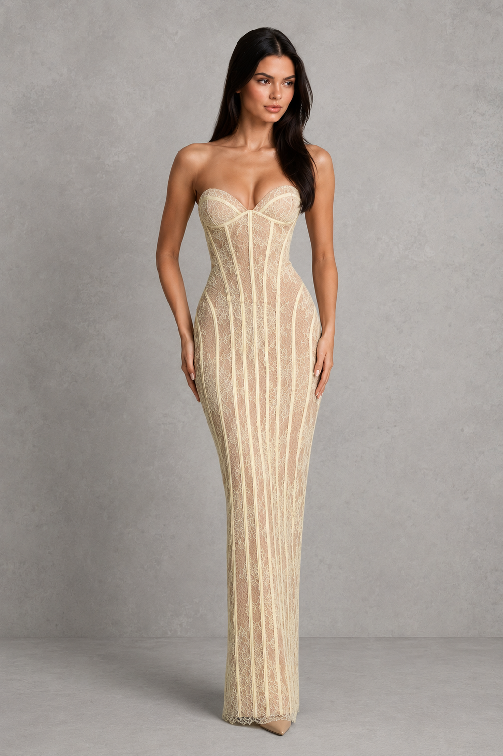 Women's strapless burgundy floral lace maxi dress with structured corset bodice, lightly padded underwired cups, lace-up back, column skirt, and elegant eyelash lace trim for formal occasions.