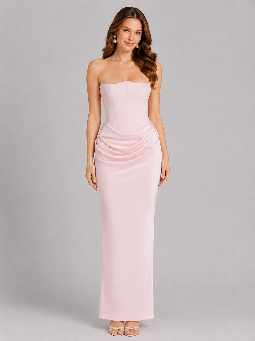 Women’s Strapless Satin Gown with Draped Skirt for Evening & Formal Wear