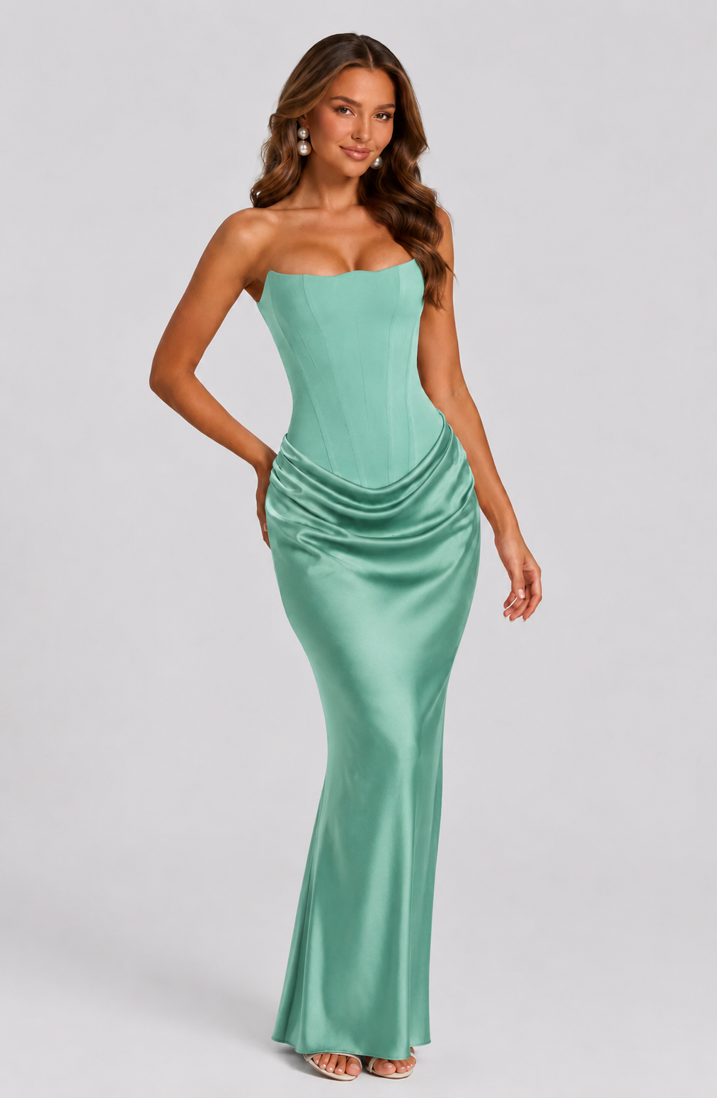 Women’s Strapless Satin Gown with Draped Waist - Elegant Sculpted Fit