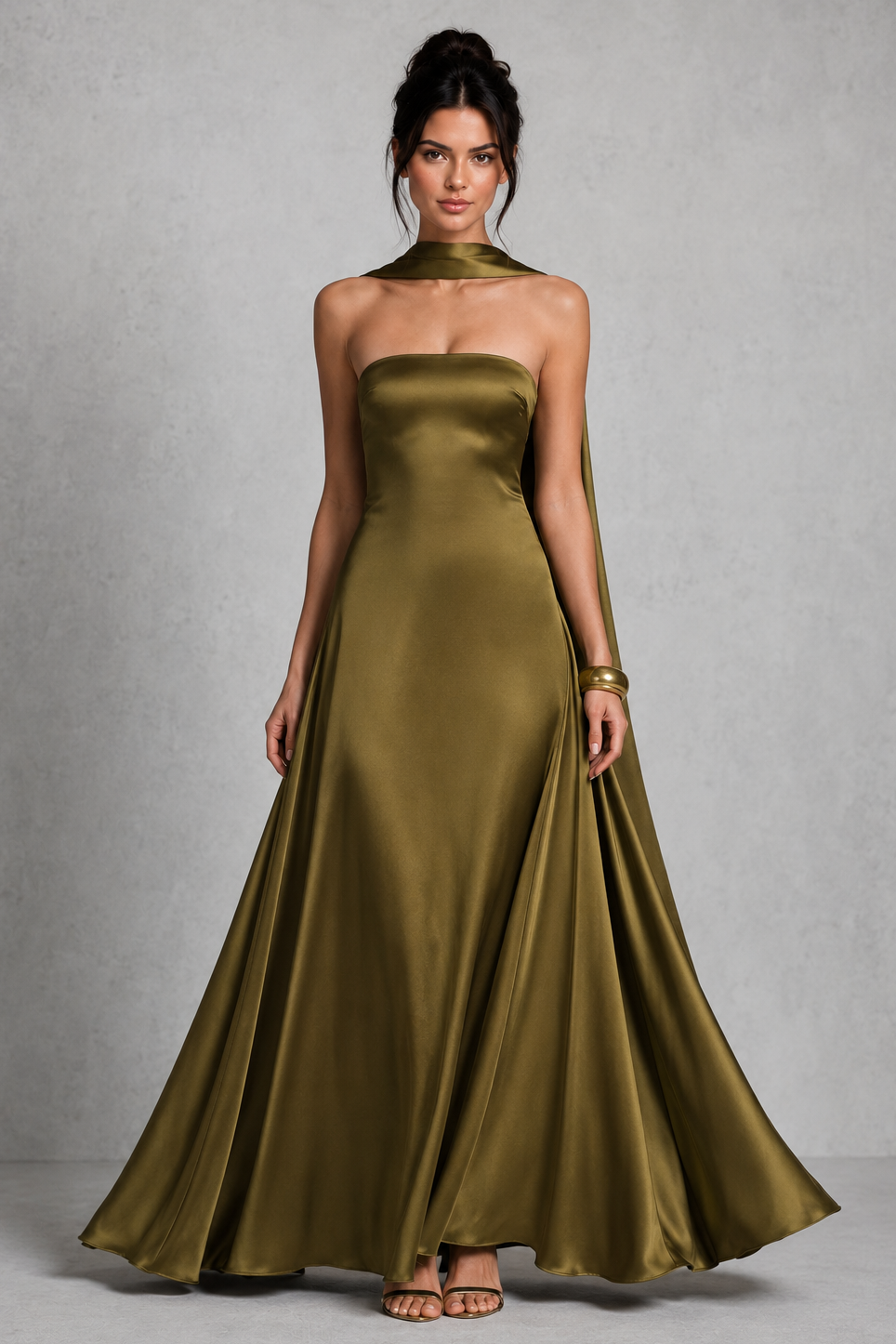 Women's strapless satin maxi dress with a straight neckline, fitted bodice, lace-up back, flowing A-line skirt, and matching satin scarf, ideal for evening events, weddings, and formal occasions.