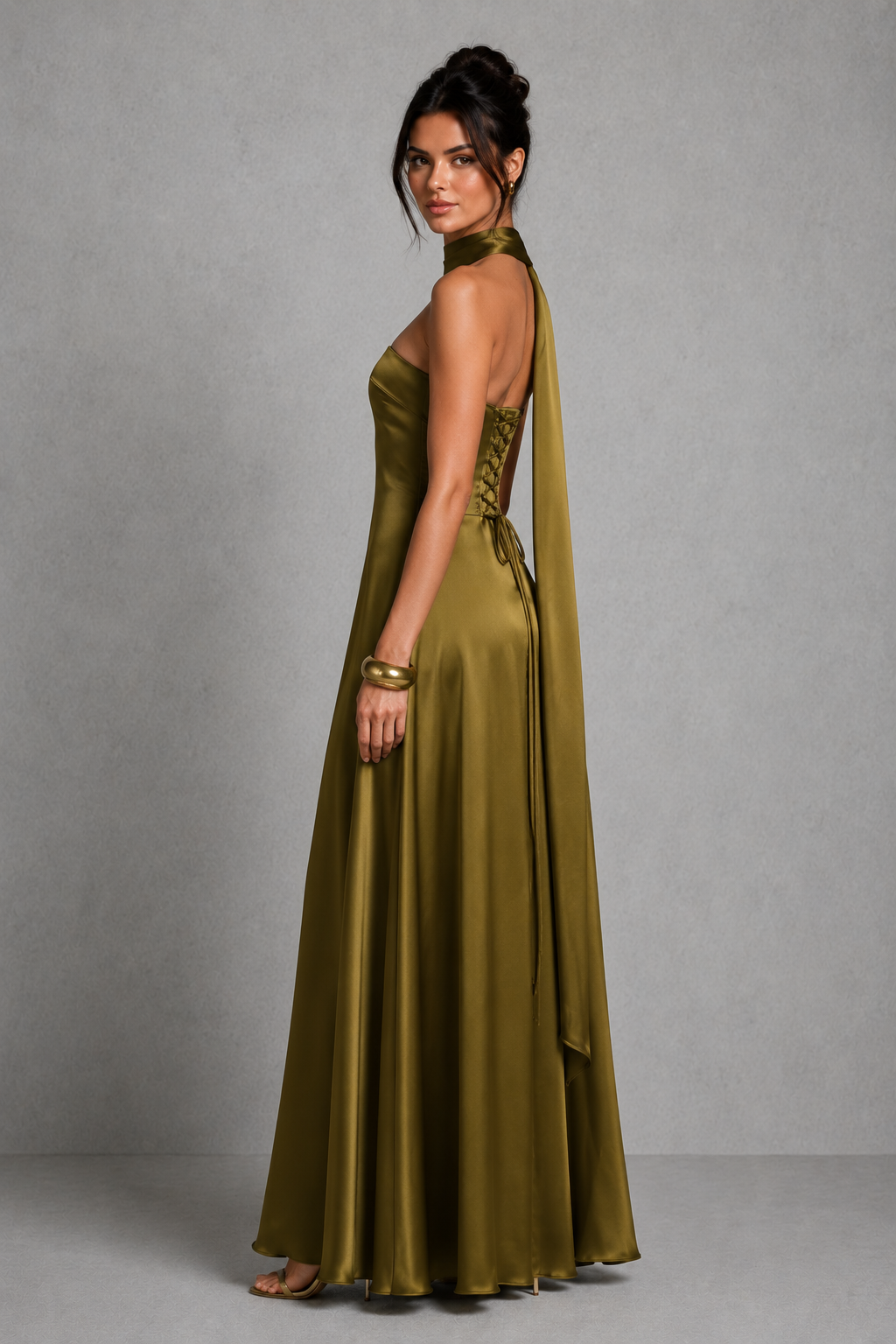 Women's strapless satin maxi dress with a straight neckline, fitted bodice, lace-up back, flowing A-line skirt, and matching satin scarf, ideal for evening events, weddings, and formal occasions.