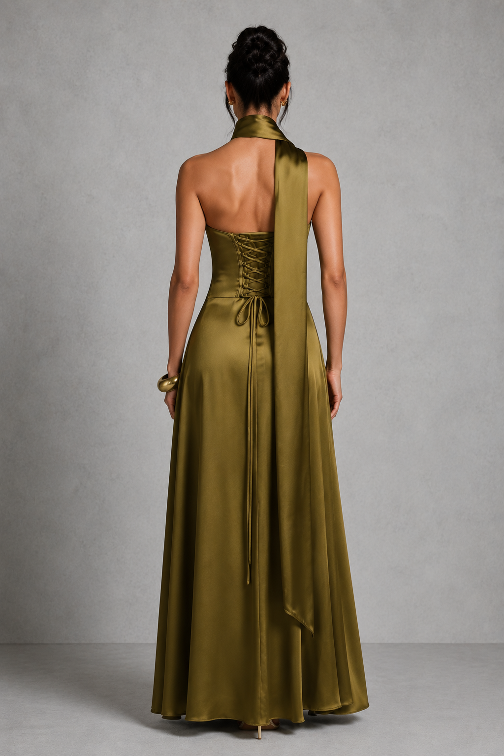Women's strapless satin maxi dress with a straight neckline, fitted bodice, lace-up back, flowing A-line skirt, and matching satin scarf, ideal for evening events, weddings, and formal occasions.