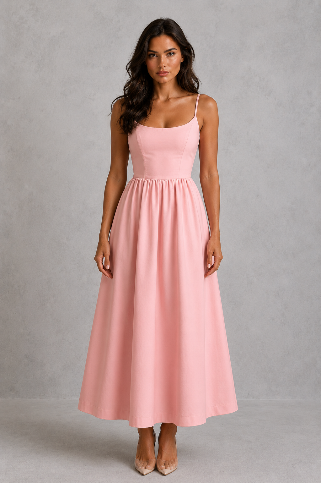 Women's strappy midi dress with scoop neckline, adjustable shoulder straps, and a fitted silhouette, ideal for evening events, date nights, occasion wear, and elegant everyday styling.