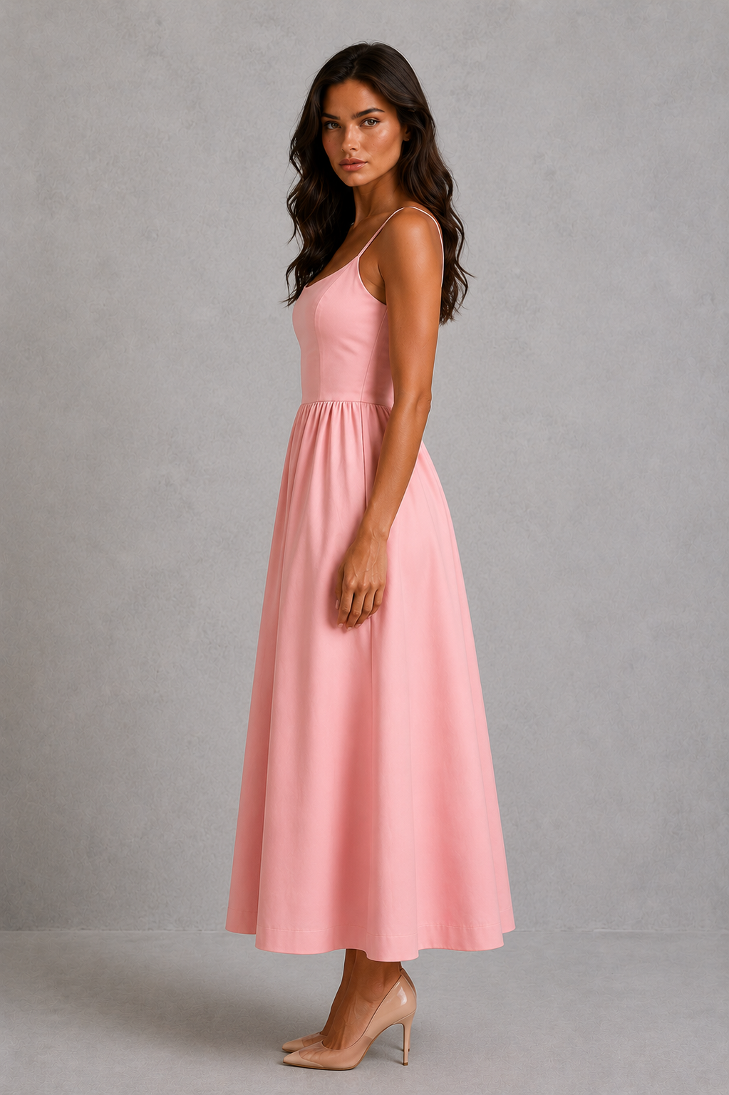 Women's strappy midi dress with scoop neckline, adjustable shoulder straps, and a fitted silhouette, ideal for evening events, date nights, occasion wear, and elegant everyday styling.