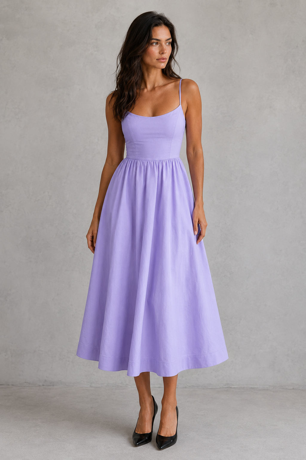 Women's strappy midi dress with scoop neckline, adjustable shoulder straps, and a fitted silhouette, ideal for evening events, date nights, occasion wear, and elegant everyday styling.