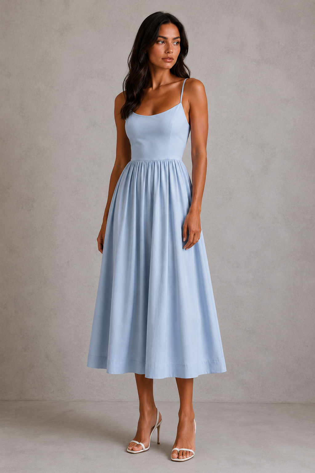 Women's strappy midi dress with scoop neckline, adjustable shoulder straps, and a fitted silhouette, ideal for evening events, date nights, occasion wear, and elegant everyday styling.