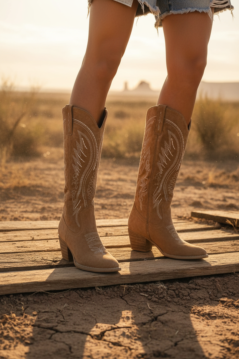 Women’s knee-high suede cowboy boots with western stitching, pointed toe, mid block heel, and classic pull-on design.