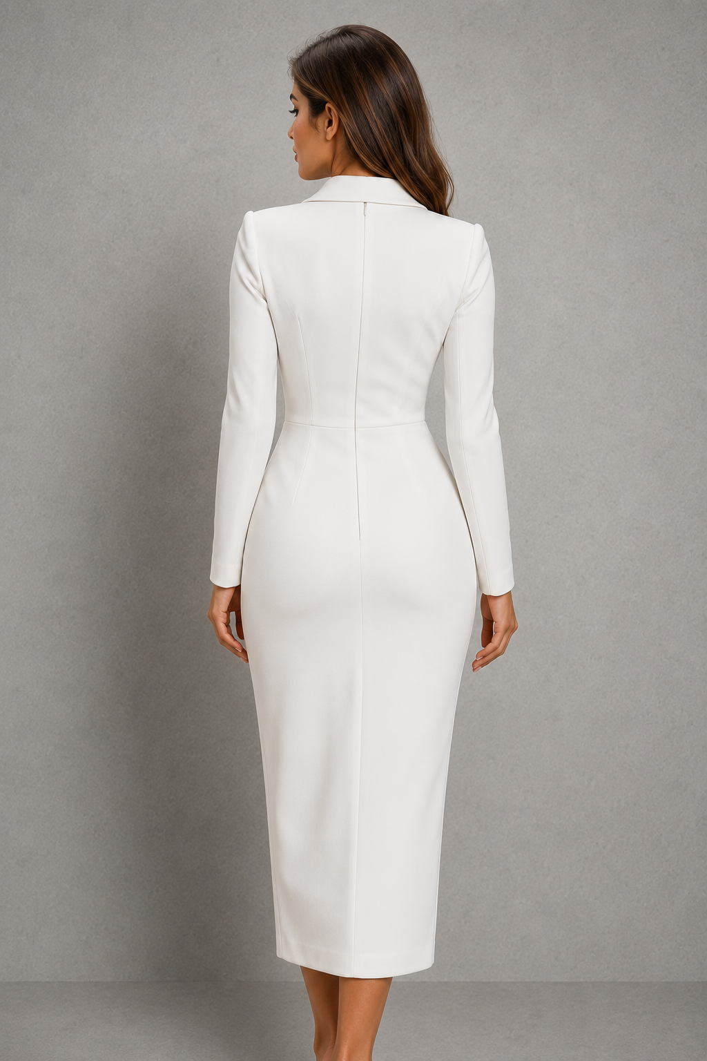 Womenโs tailored knee-length dress with elegant lapel neckline, decorative button detailing and a figure-enhancing silhouette for business and formal wear.
