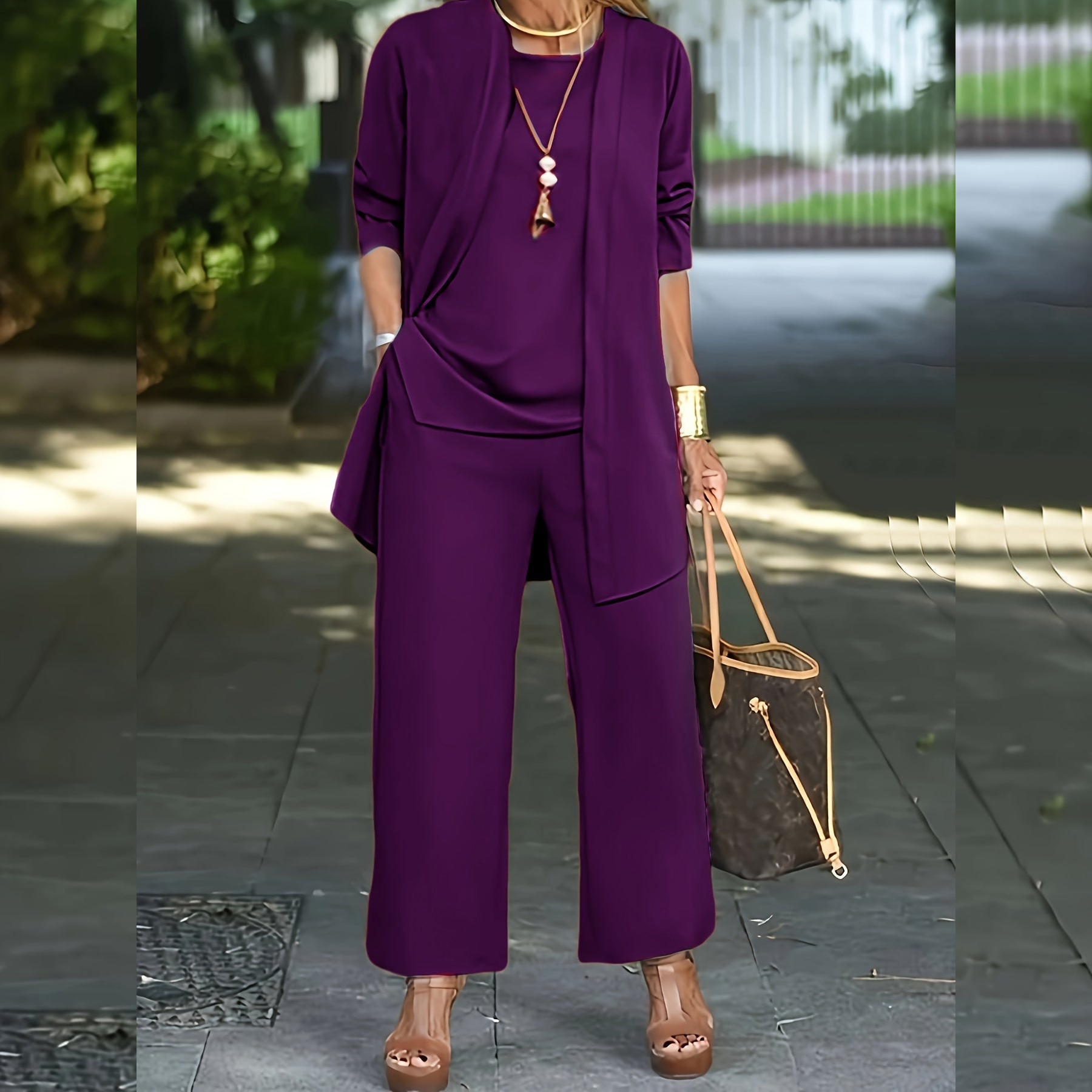 Women’s three-piece outfit set with vest, fitted top, and pants