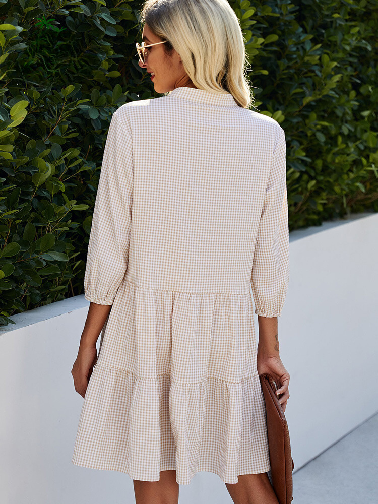 Women’s tiered check high neck cardigan dress in knit polyester blend with button front and flowy skirt