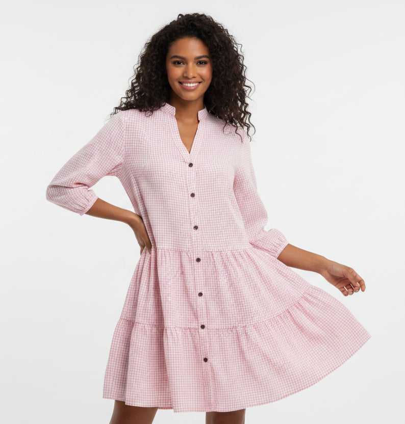 Women’s tiered check high neck cardigan dress in knit polyester blend with button front and flowy skirt