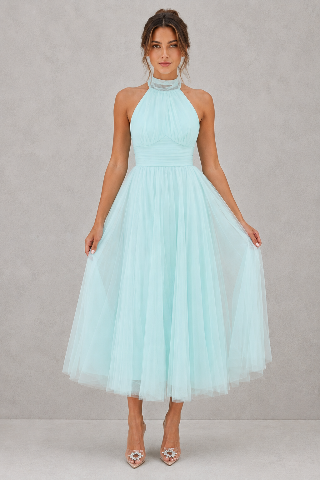 Women's elegant tulle midi dress featuring a fitted bodice, soft tulle overlay, and flowing skirt, perfect for weddings, evening events, parties, and special occasions.