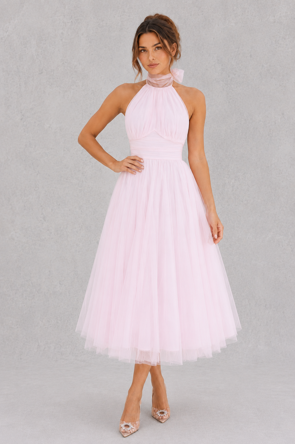 Women's elegant tulle midi dress featuring a fitted bodice, soft tulle overlay, and flowing skirt, perfect for weddings, evening events, parties, and special occasions.