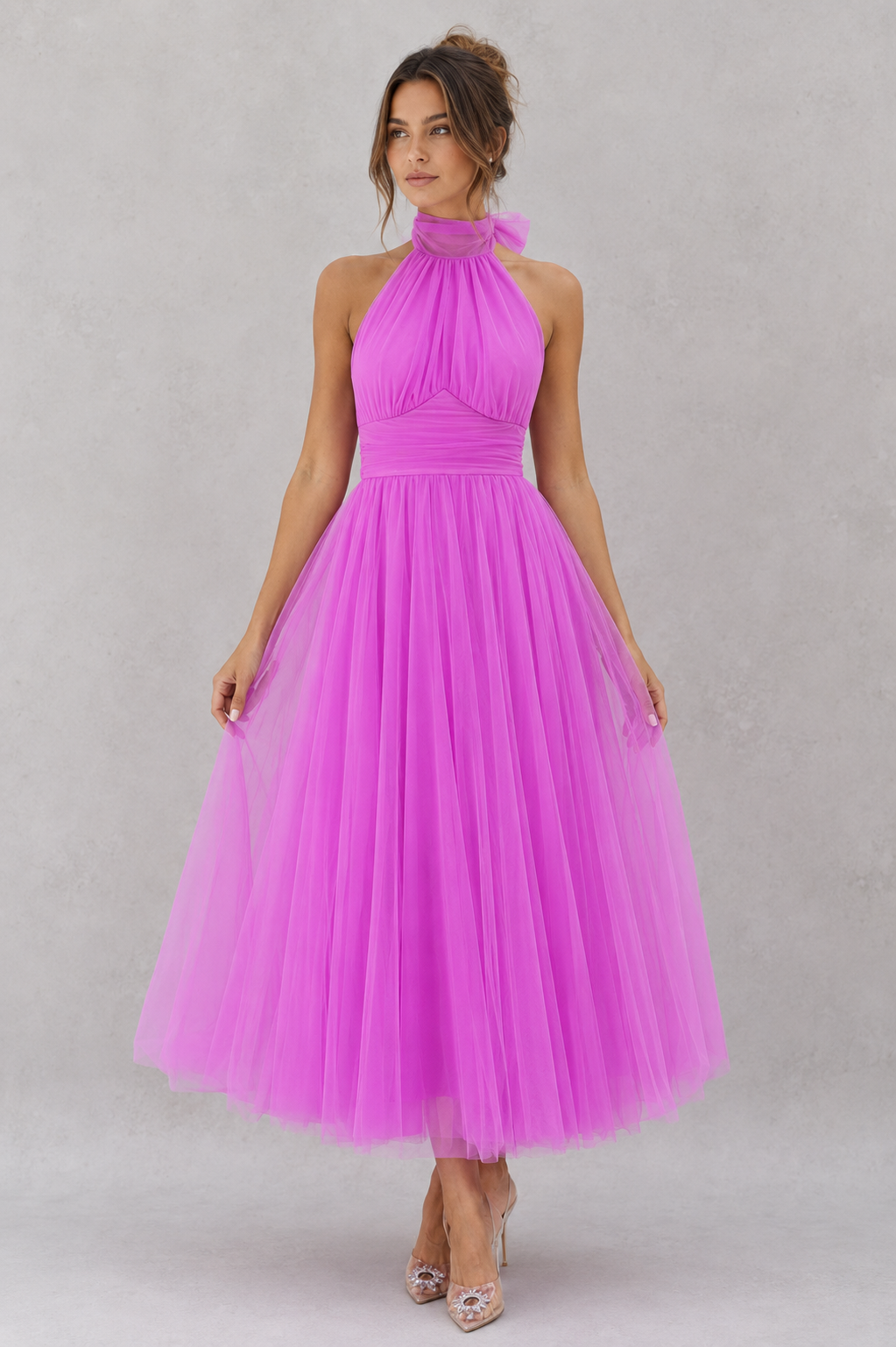 Women's elegant tulle midi dress featuring a fitted bodice, soft tulle overlay, and flowing skirt, perfect for weddings, evening events, parties, and special occasions.