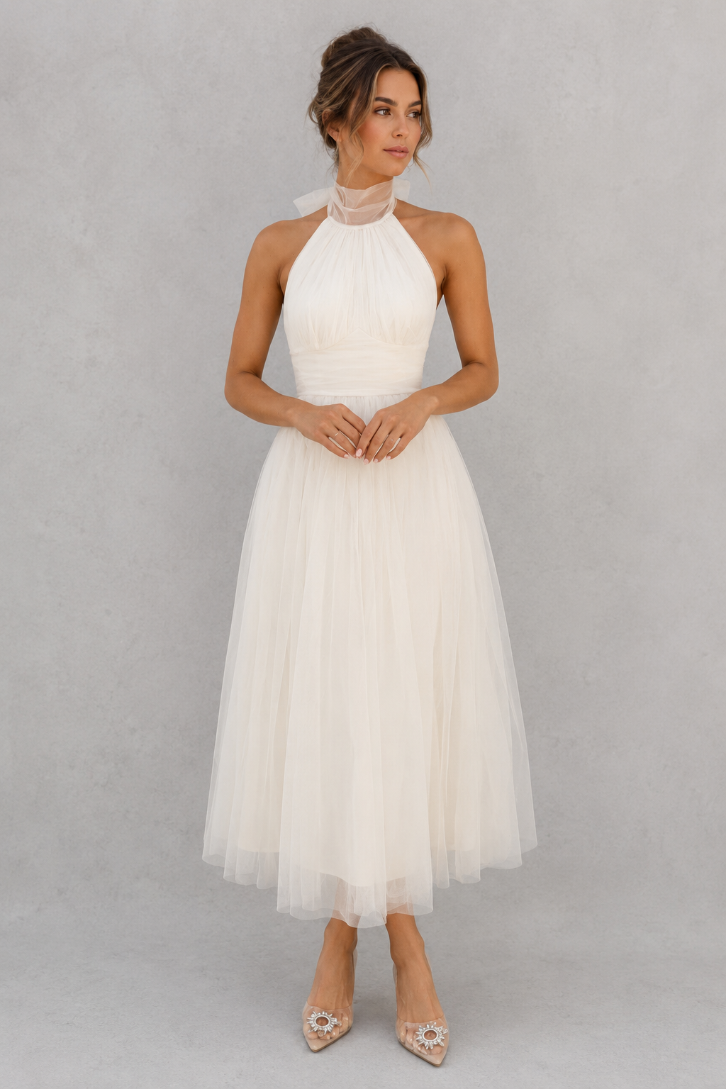 Women's elegant tulle midi dress featuring a fitted bodice, soft tulle overlay, and flowing skirt, perfect for weddings, evening events, parties, and special occasions.