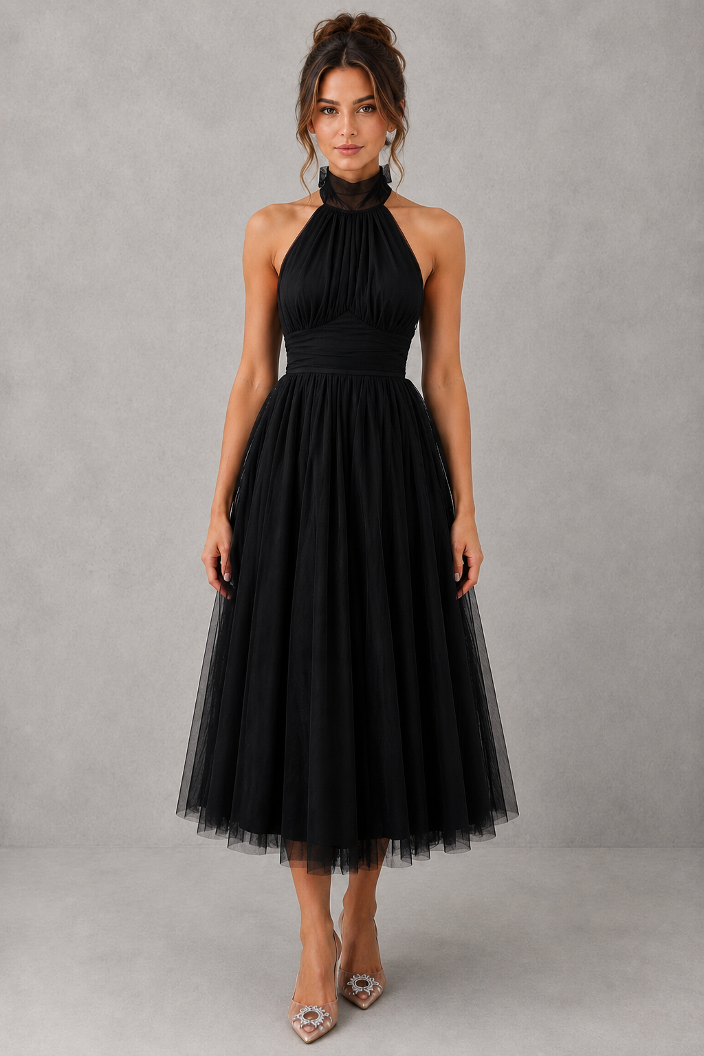 Women's elegant tulle midi dress featuring a fitted bodice, soft tulle overlay, and flowing skirt, perfect for weddings, evening events, parties, and special occasions.