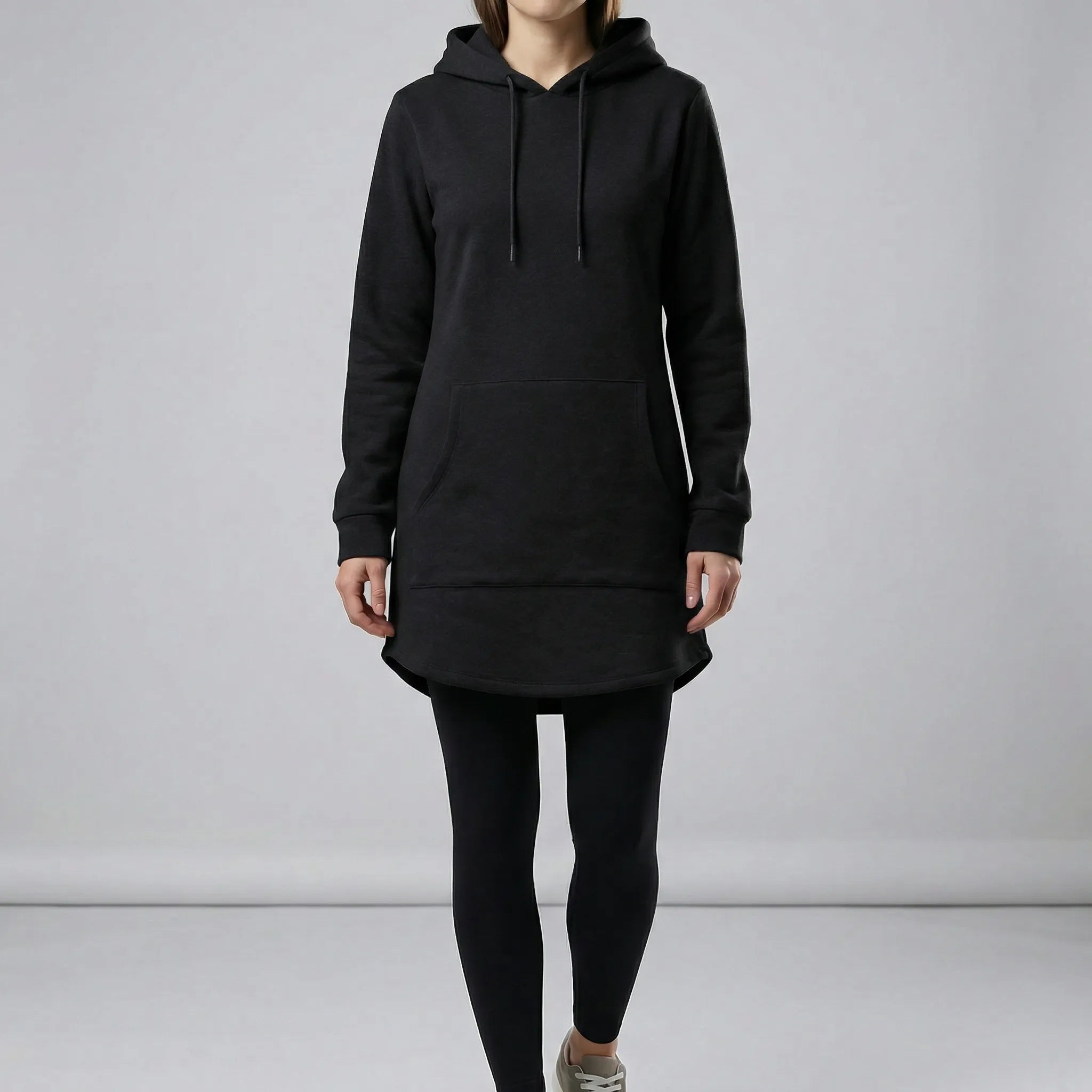 Women’s loose tunic hoodie dress with kangaroo pocket and long sleeves