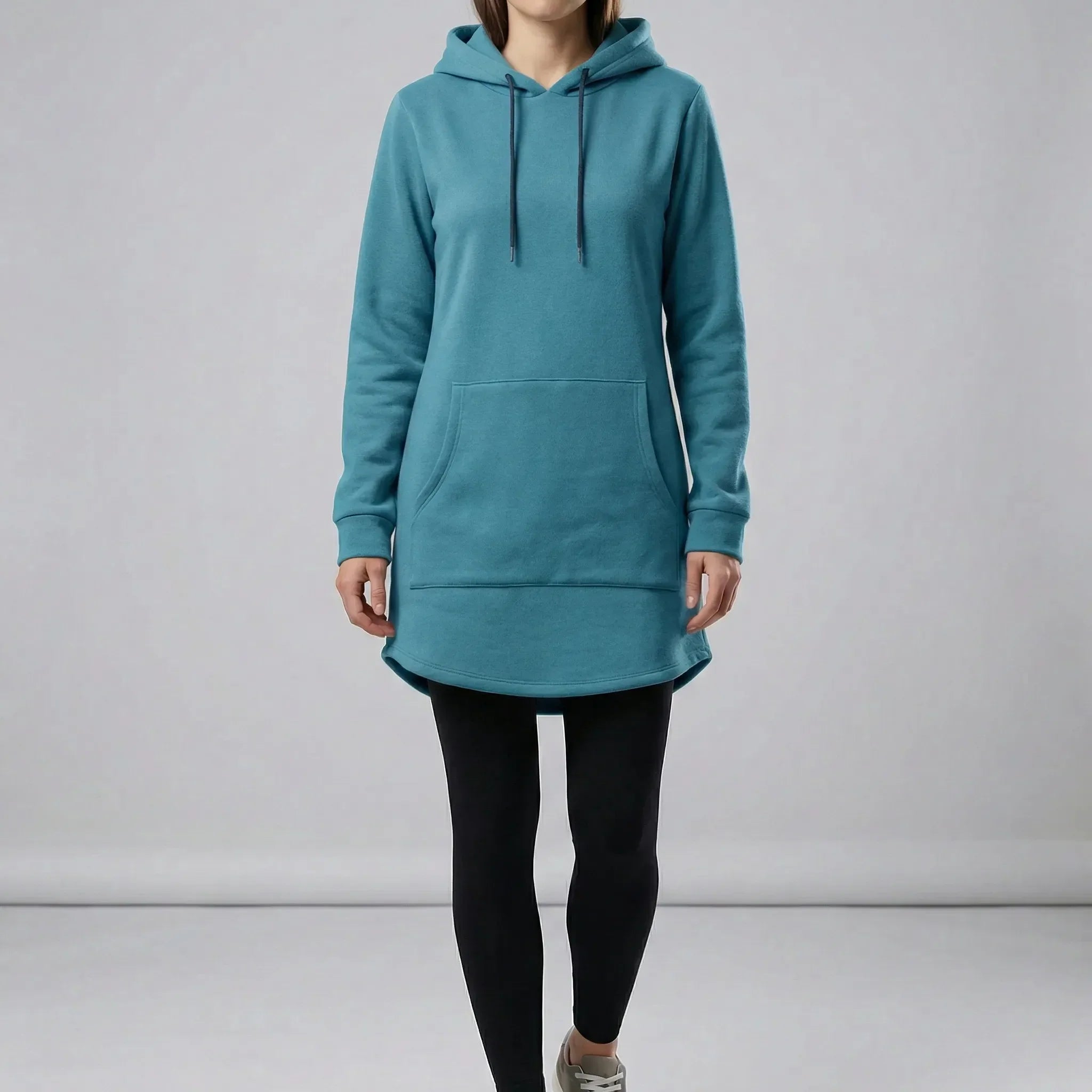Women’s loose tunic hoodie dress with kangaroo pocket and long sleeves