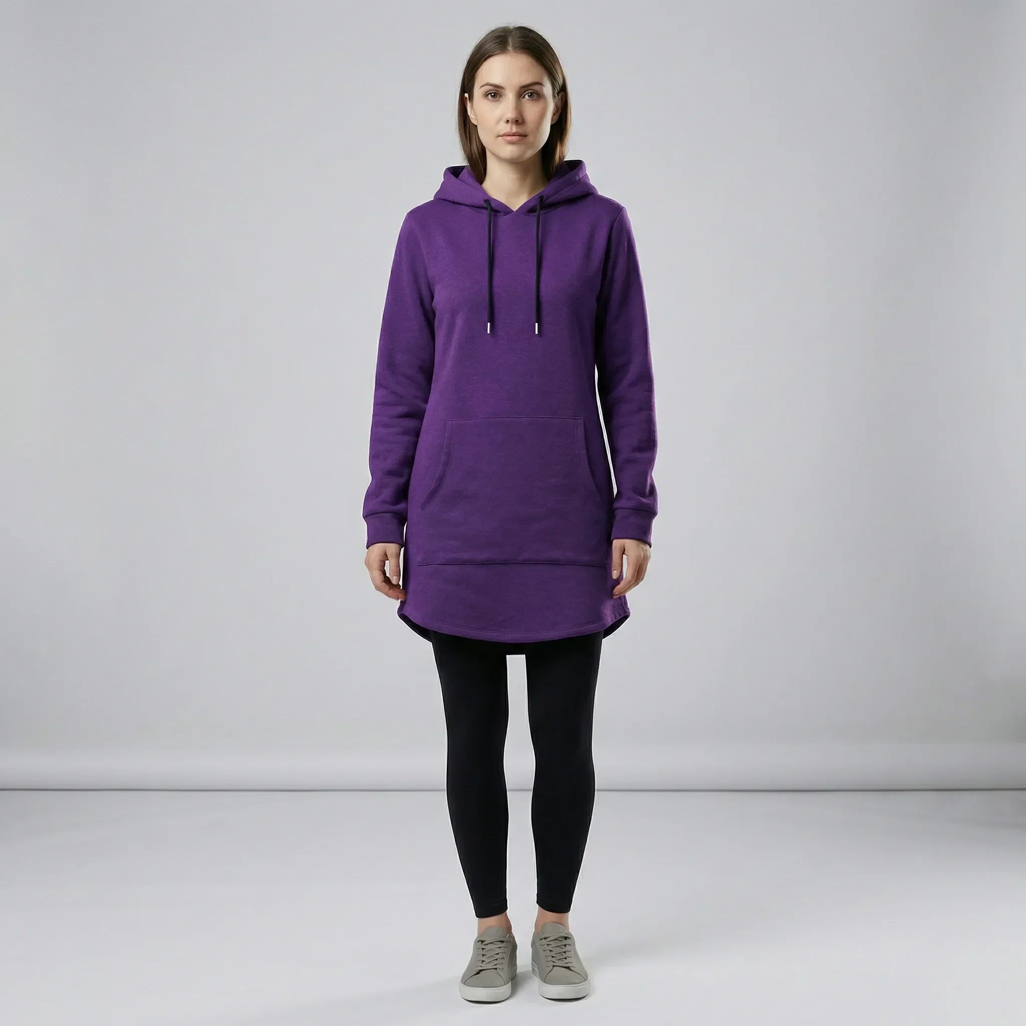 Women’s loose tunic hoodie dress with kangaroo pocket and long sleeves