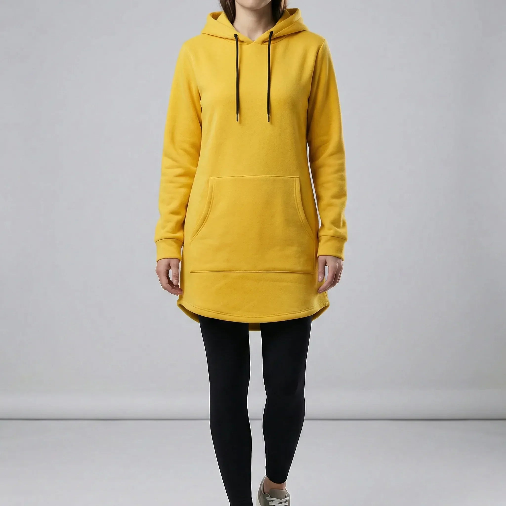 Women’s loose tunic hoodie dress with kangaroo pocket and long sleeves