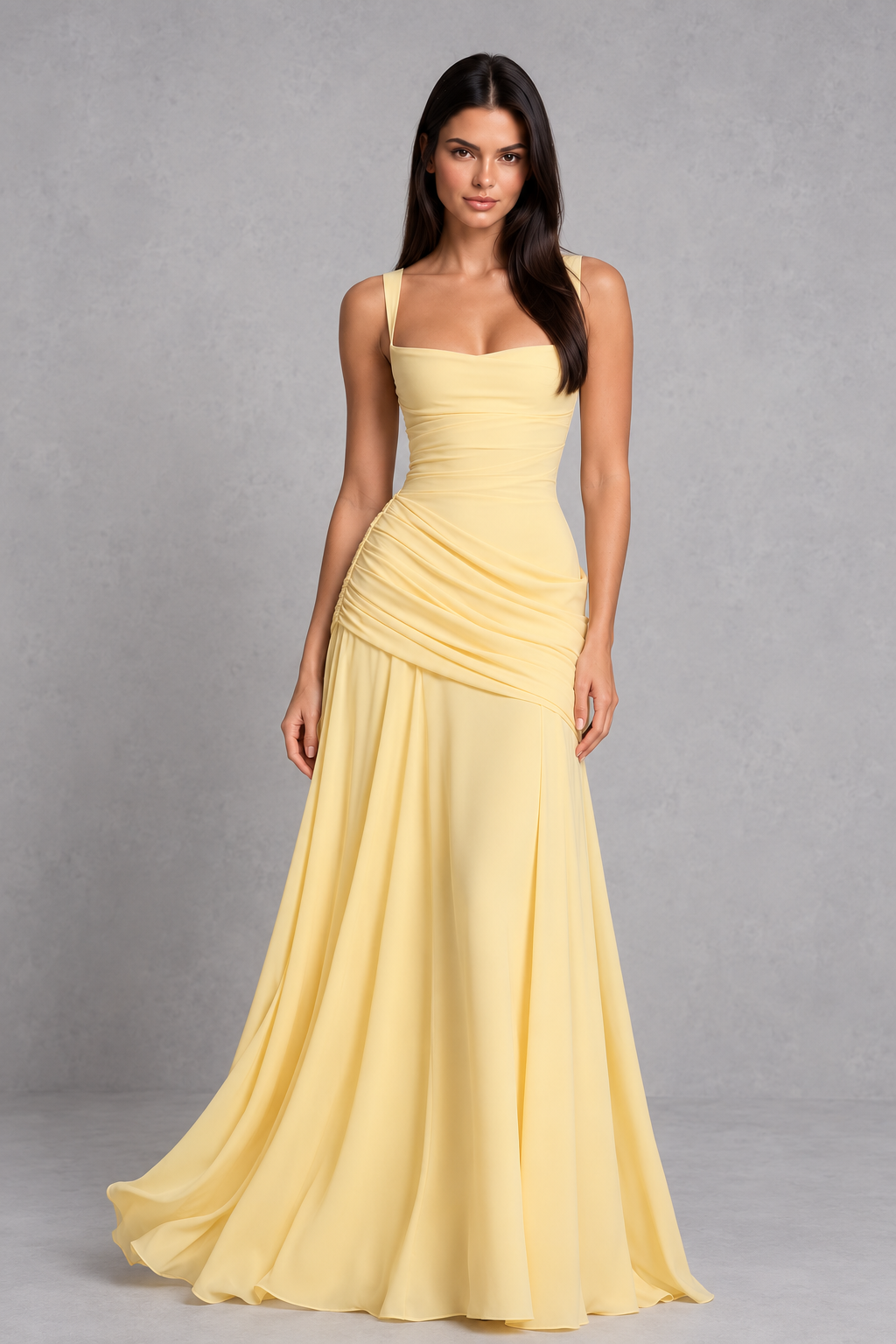 Womenโs chiffon maxi dress with a twist cowl neckline, crossover straps, asymmetric pleating, flowing godet skirt and lace-up back.