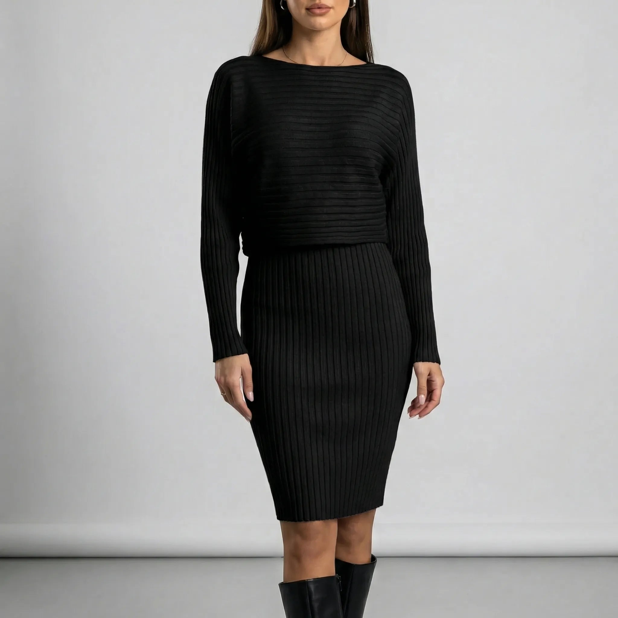 Women’s two-piece ribbed knit set with sleeveless dress and cropped sweater