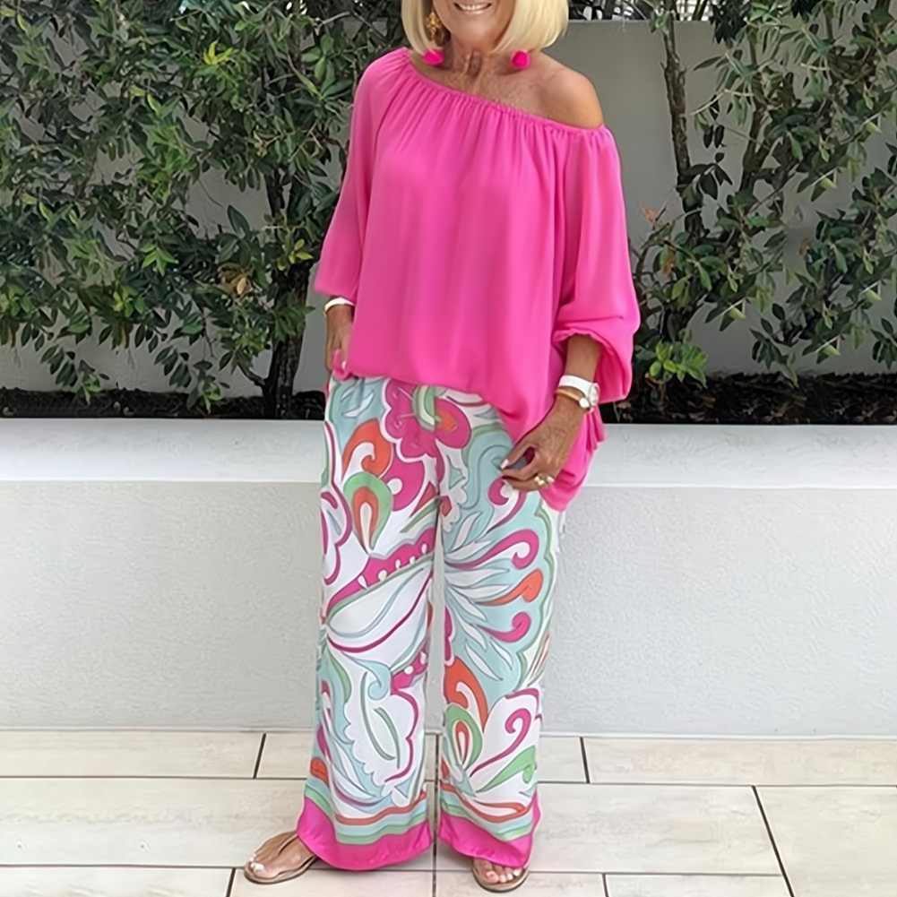 Women's two piece set with wide leg pants and matching top, relaxed elegant casual outfit