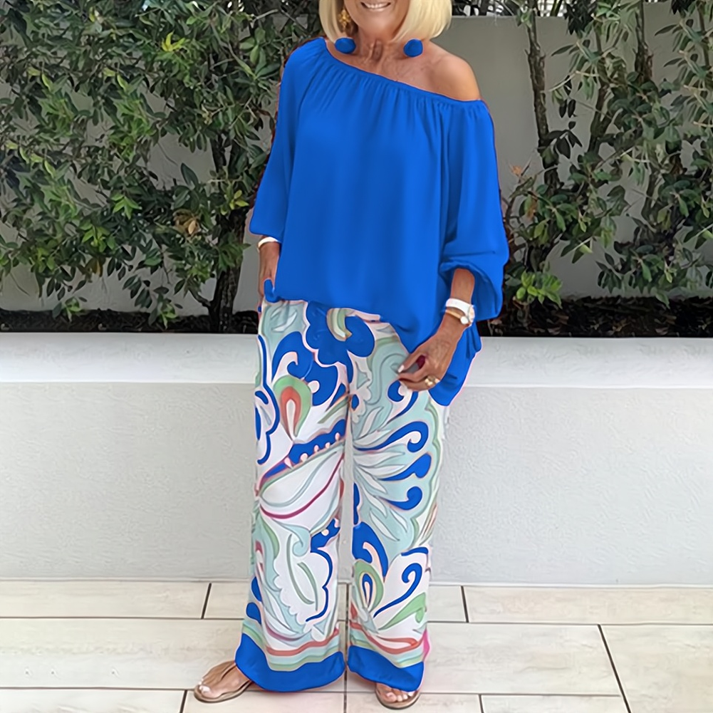 Women's two piece set with wide leg pants and matching top, relaxed elegant casual outfit