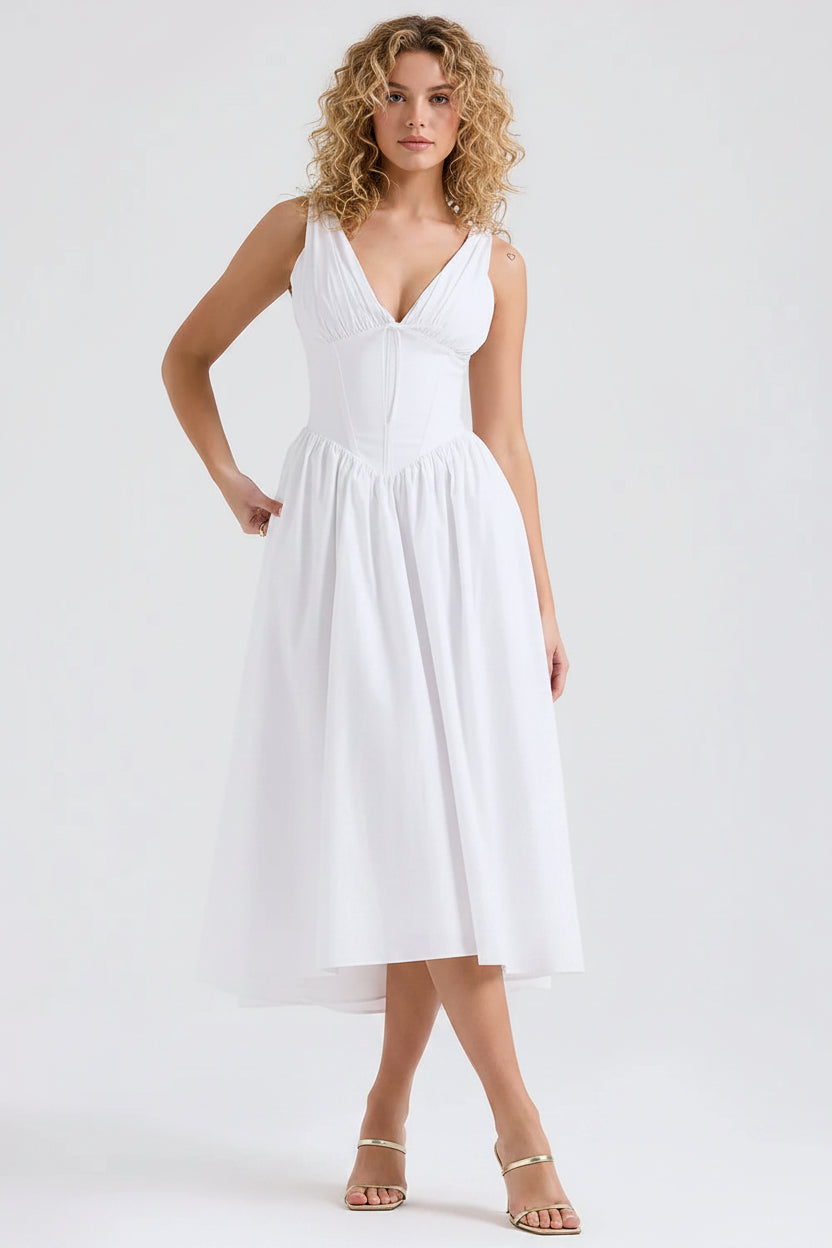 Women’s V neck corset midi dress with flared skirt