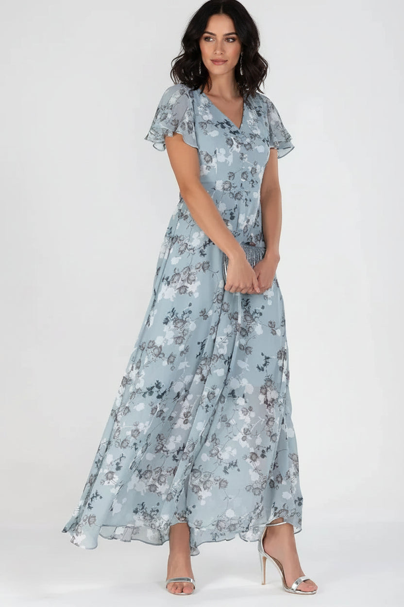 Women’s V-neck floral chiffon maxi dress with open back