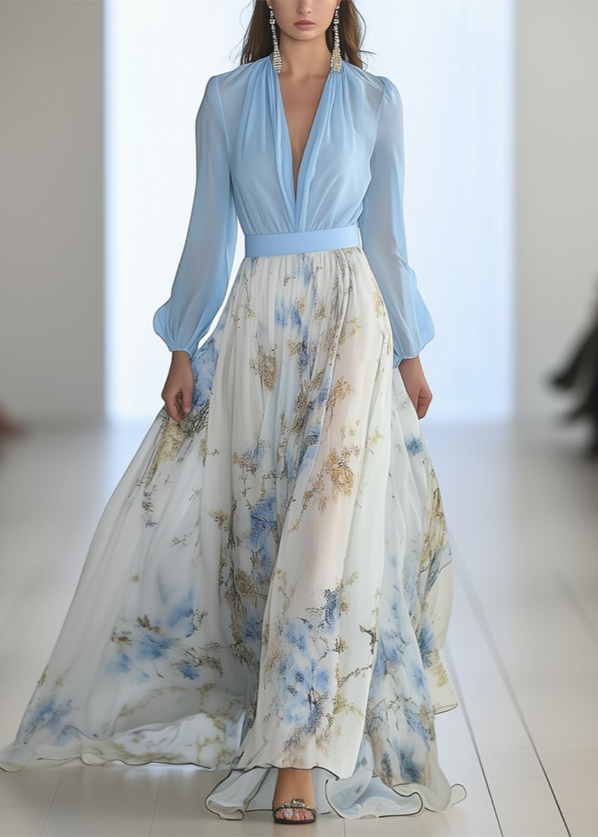 Women's long-sleeve floral maxi dress with deep V-neck