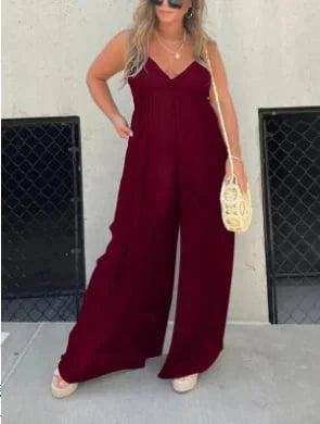 Women's V-neck wide leg jumpsuit in soft breathable fabric with relaxed fit for comfortable everyday and occasion wear