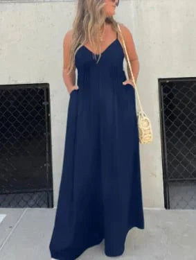 Women's V-neck wide leg jumpsuit in soft breathable fabric with relaxed fit for comfortable everyday and occasion wear