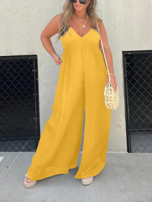 Women's V-neck wide leg jumpsuit in soft breathable fabric with relaxed fit for comfortable everyday and occasion wear