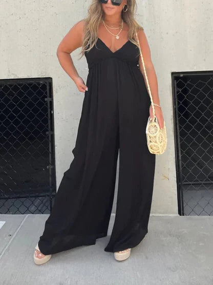 Women's V-neck wide leg jumpsuit in soft breathable fabric with relaxed fit for comfortable everyday and occasion wear