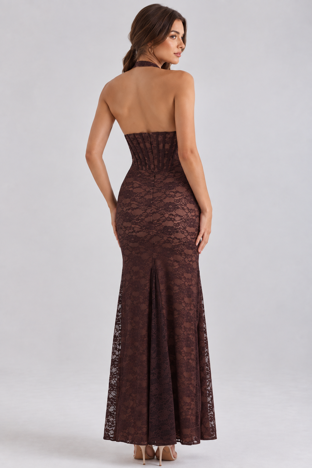 Vintage-inspired coffee brown lace gown with a backless design for fall weddings.