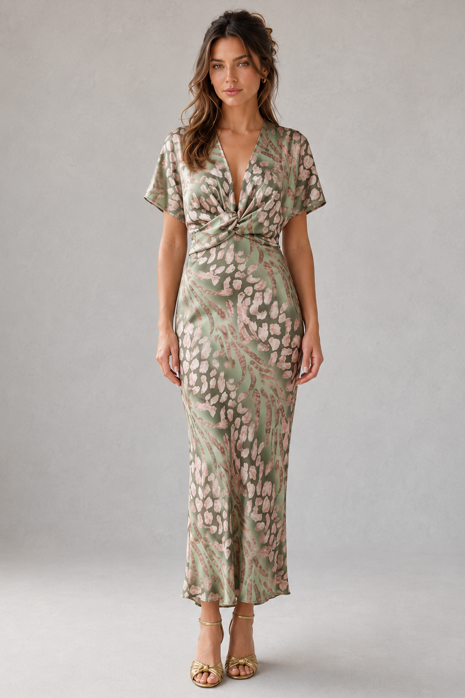 Women's flowing maxi dress featuring a flattering V-neckline, elegant twist-front detail, and relaxed full-length silhouette. Made from lightweight breathable fabric for comfortable all-day wear, perfect for casual outings, vacations, and special occasions.
