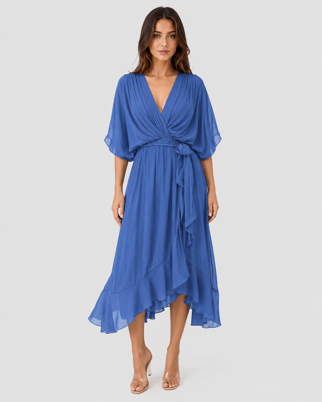 Womenโs V-Neck Midi Dress featuring a fitted silhouette, midi length, and soft lightweight fabric for a flattering and versatile look suitable for casual and evening occasions.