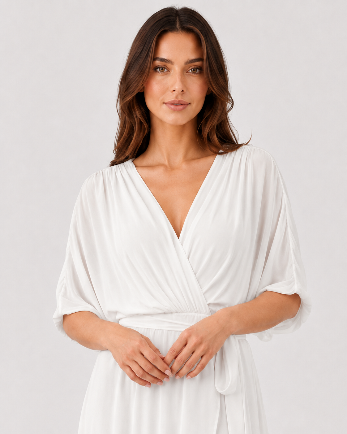 Womenโs V-Neck Midi Dress featuring a fitted silhouette, midi length, and soft lightweight fabric for a flattering and versatile look suitable for casual and evening occasions.