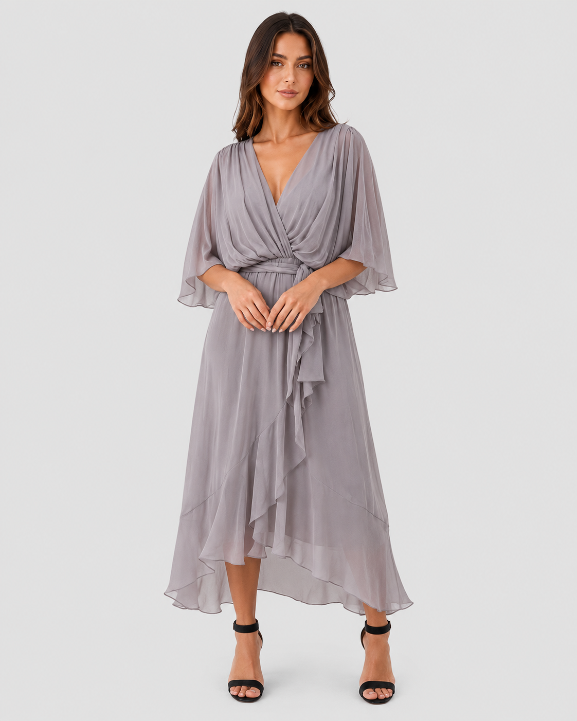 Womenโs V-Neck Midi Dress featuring a fitted silhouette, midi length, and soft lightweight fabric for a flattering and versatile look suitable for casual and evening occasions.