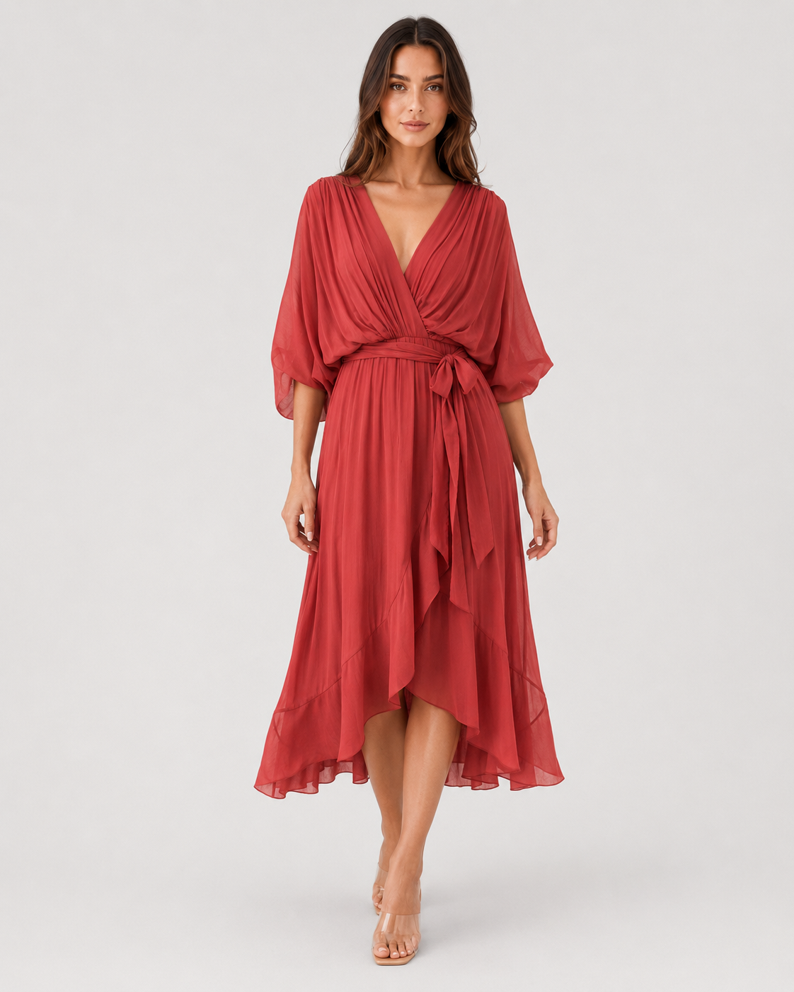 Womenโs V-Neck Midi Dress featuring a fitted silhouette, midi length, and soft lightweight fabric for a flattering and versatile look suitable for casual and evening occasions.