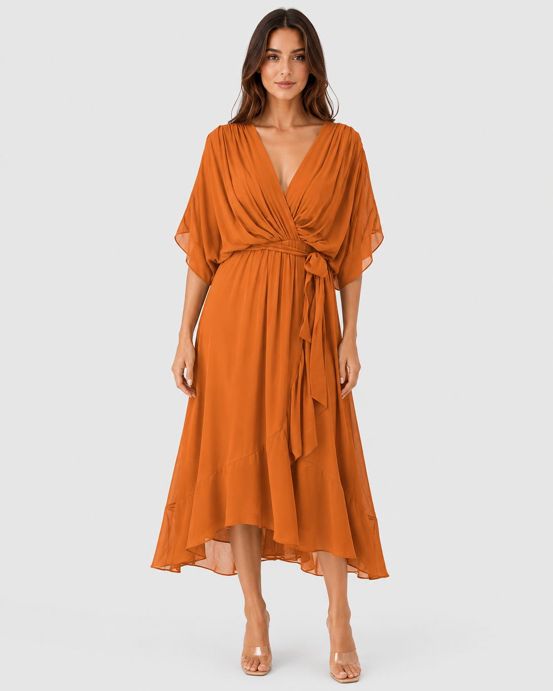Womenโs V-Neck Midi Dress featuring a fitted silhouette, midi length, and soft lightweight fabric for a flattering and versatile look suitable for casual and evening occasions.