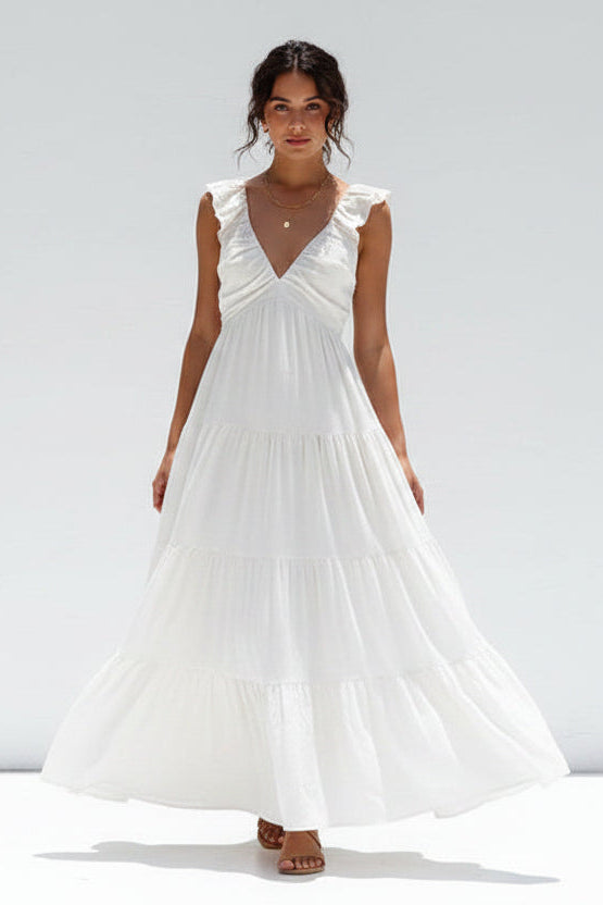 Women’s V-neck ruffle tiered maxi dress in cotton linen blend