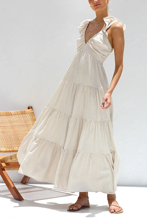 Women’s V-neck ruffle tiered maxi dress in cotton linen blend