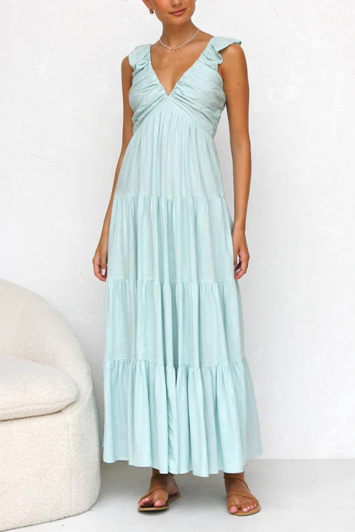 Women’s V-neck ruffle tiered maxi dress in cotton linen blend